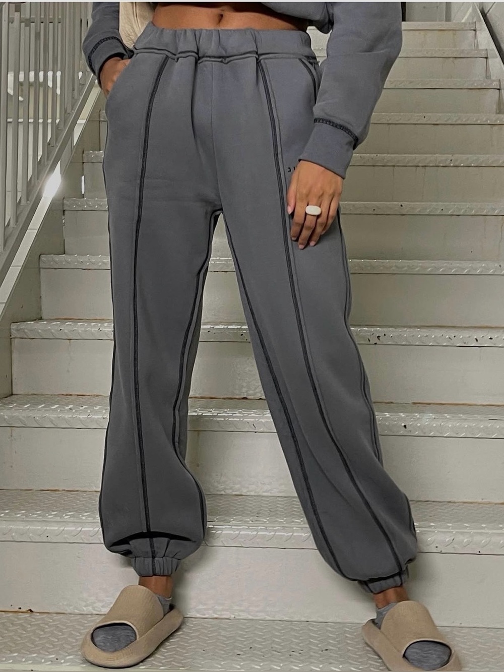 NEW Layere Jubilee Off Charcoal Inverted Stitching Sweatpants Gray Joggers Pants - Picture 2 of 16